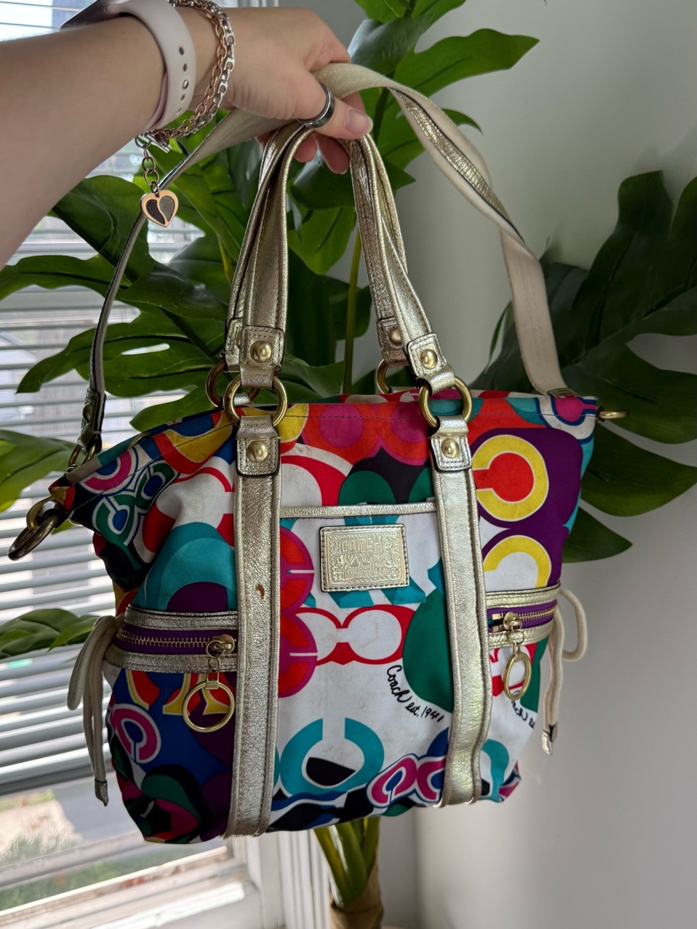 Coach Colorful Signature Print Tote Bag with Gold Trim